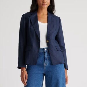 Quince Deep Navy 100% European Linen Structured Blazer Classic Timeless Sz Large